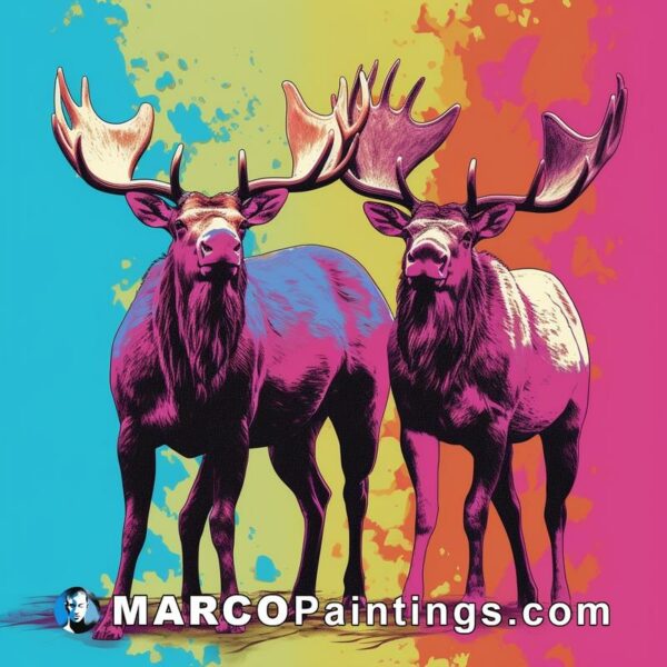Two deer standing on a colorful background