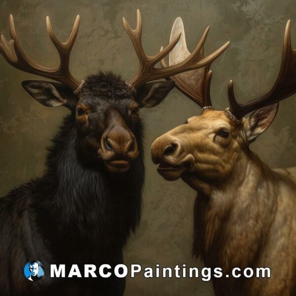 Two elk with black antlers and antlers on a brown background