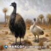 Two emu birds standing in a dusty area