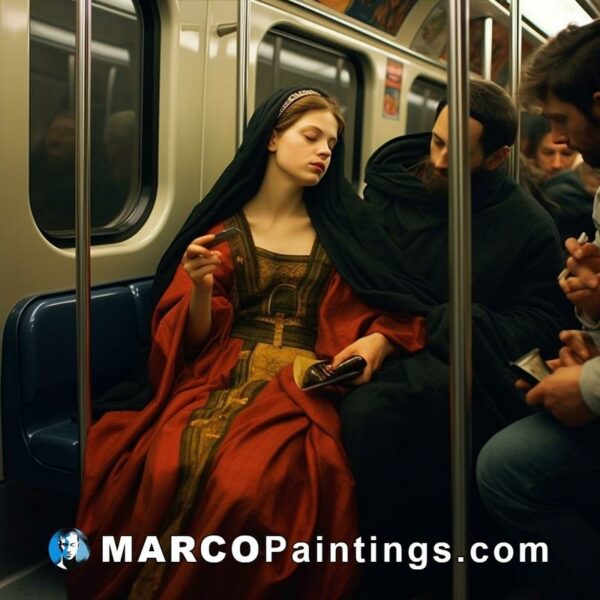 Two females in medieval costumes sit on a subway