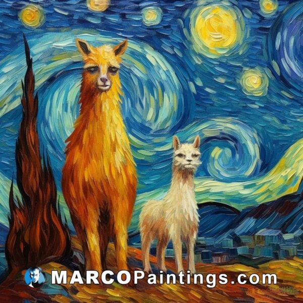 Two llamas are standing in the middle of a starry night painting