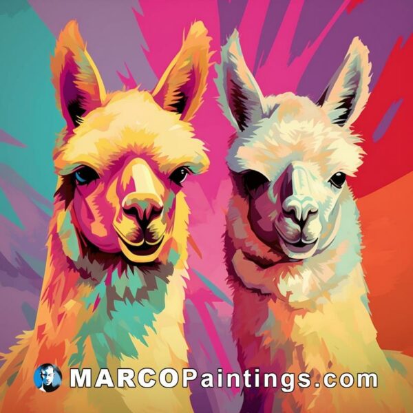 Two llamas are standing next to each other on colorful backgrounds