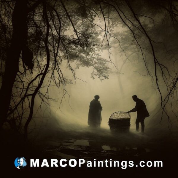 Two men are pulling a basket in the fog