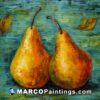 Two painted pears on a blue background