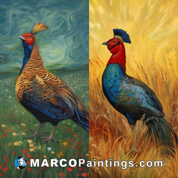 Two paintings of pheasants walking in the field