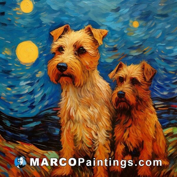 Two terrier dogs under the night sky painted by john van gogh
