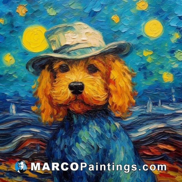 Van gogh painter dog with hat and starry night the dog