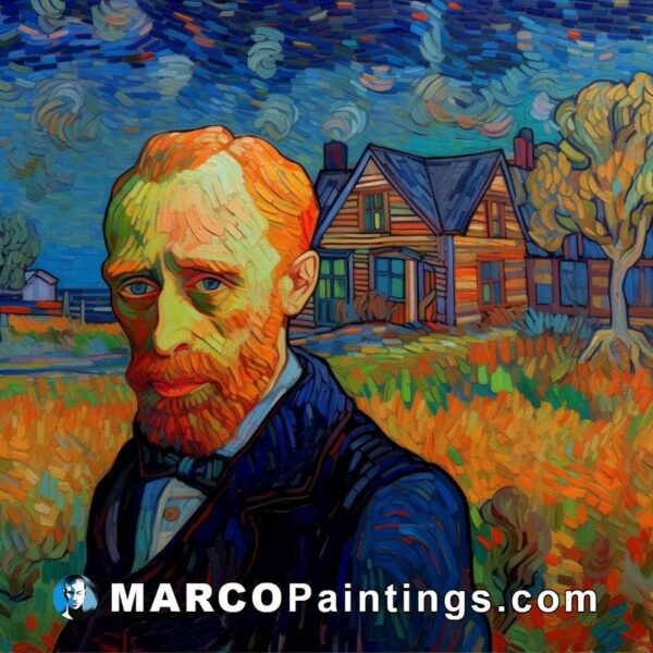 Van gogh painting by person is in front of a house
