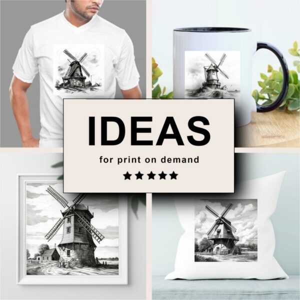 Windmill Black White Draw Sketch Merchandising